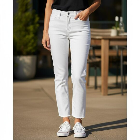 L’AGENCE Sada Jeans 23 | Cotton-Stretch | White | Mid-Rise Cropped Slim, Raw He - Picture 1 of 6